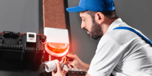 A man wearing a blue shirt and hat operates a machine, focused on his task in a workshop setting.