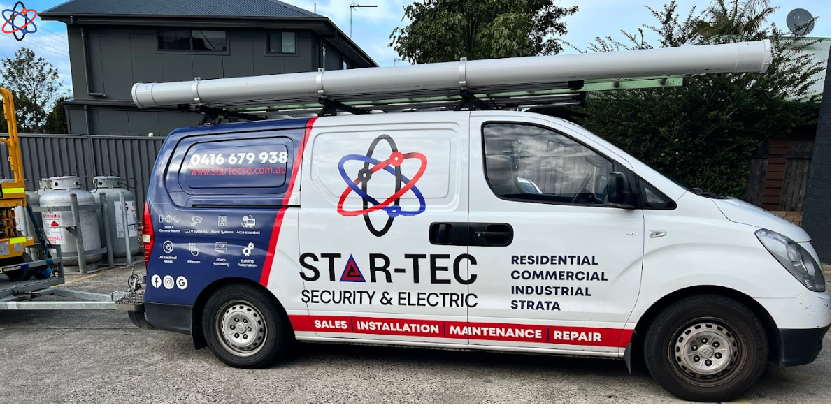 Star-Tec Security electric van wrap showcasing tailored communication solutions for various industries, emphasizing professionalism and reliability.