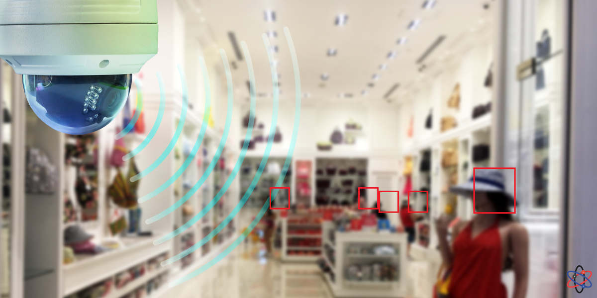 A security camera monitors a store as a woman walks by, showcasing advancements in surveillance technology.