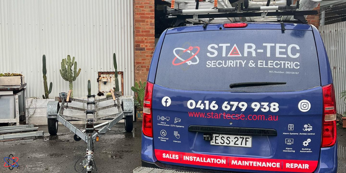 A van displaying "Startec Security and Electrical," symbolizing expert repair services for solar CCTV systems.